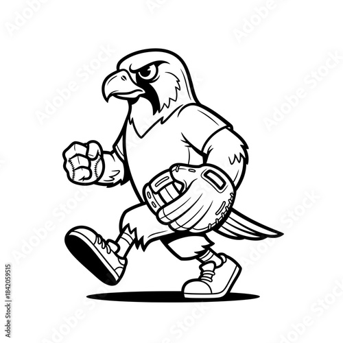 Anthropomorphic eagle mascot playing baseball while running. Vector illustration.