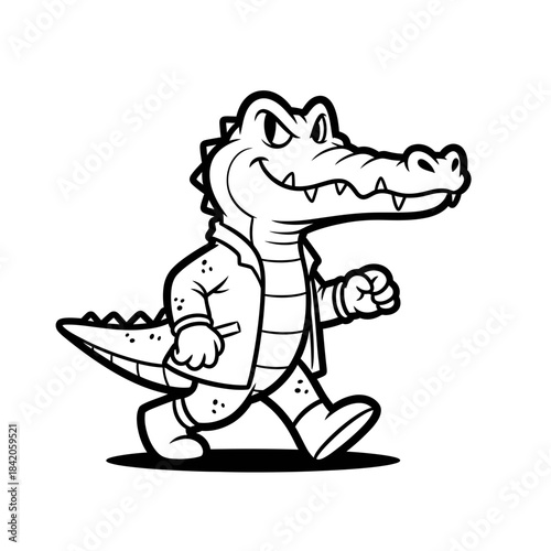 Anthropomorphic Cartoon Alligator Walking In Jacket. Vector illustration. Vector illustration.