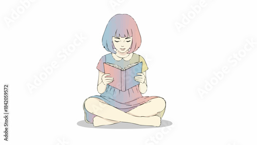 Young girl engrossed in reading a book with colorful hair.