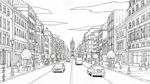 City street with cars and buildings in a hand-drawn sketch style.
