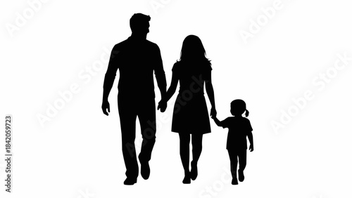 Silhouette of a family walking together holding hands.