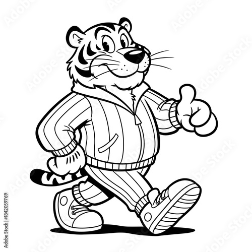 Cartoon tiger mascot giving thumbs up.