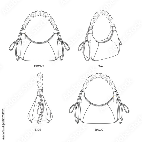 Hobo bag vector technical sketch. Easy to recolor with closed paths.