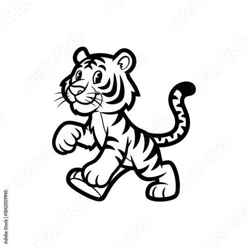 Playful cartoon tiger cub walking forward.