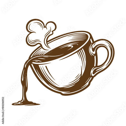 Artistic vintage sketch of a coffee cup with pouring liquid and steaming vapor