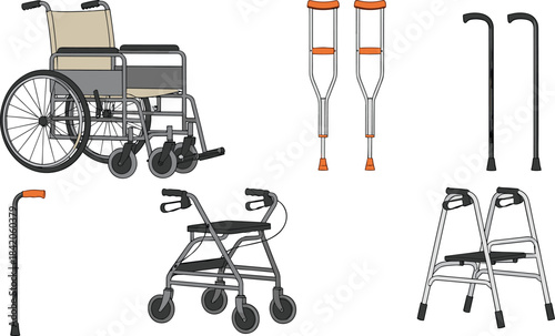 Vector illustration set featuring mobility aids including wheelchair, crutches, canes, walkers, and rollators, designed for healthcare, rehabilitation, elderly care, and medical support themes