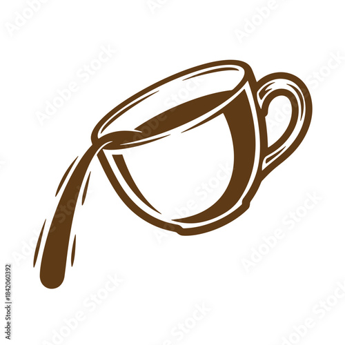 Brown coffee cup with pouring coffee in a sketch vintage style illustration