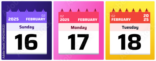 February calendar date cards with colorful flat style, ideal for reminders, planner pages, scheduling tools, and productivity visuals. Dates Set 16,17,18 February Calendar 