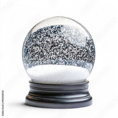 A snow globe with snow and a black background.