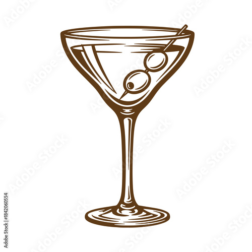 Classic martini cocktail with olives in a stylish vintage sketch illustration
