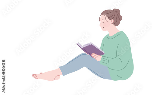 フラットイラスト　のんびりと読書をしている女性