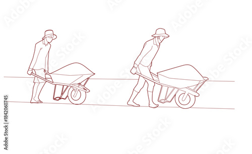 Two Vietnamese farmers working in a salt field with pushcarts, conical hats, and masks