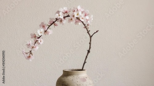Delicate Cherry Blossom Branch in a Textured Ceramic Vase on a Table With Soft Lighting