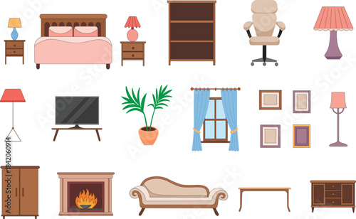Modern Home Interior Furniture Vector Set. Living Room, Bedroom, Office Decor Icons