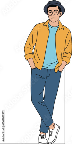 Young man wearing a hat glasses and casual clothes leaning against a wall person