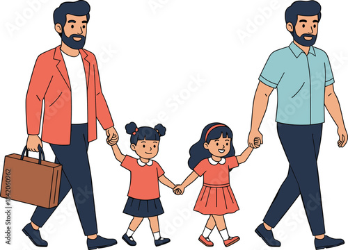 Two men walking with two young girls holding hands father parent