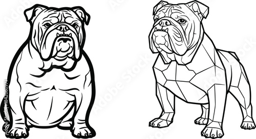 Two black and white line art illustrations of English bulldogs one with smooth lines and one with geometric shapes
