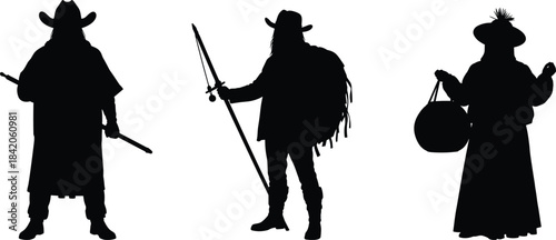 Three black silhouettes of people in historical or fantasy attire on white background