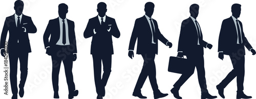 Six dark blue business men silhouettes in suits walking and checking watches vector