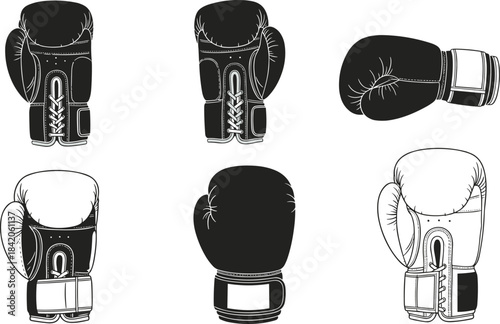 Six boxing gloves shown from different angles in black and white line art sport fighting