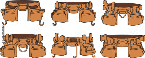 Six brown leather tool belts with various tools and pockets screwdrivers
