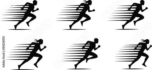 Six black silhouettes of runners in motion with speed lines running