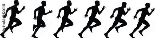 Six black silhouettes of male runners in motion on a white background running