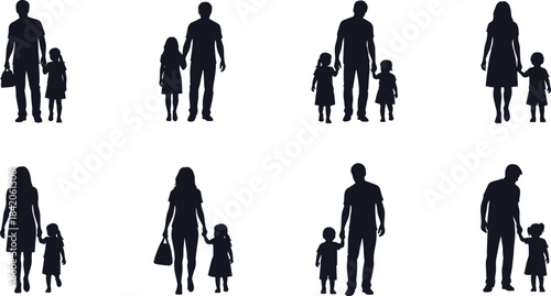 Silhouette family groups father mother child holding hands walking children