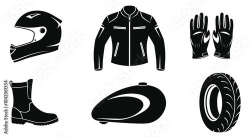Motorcycle gear and parts black and white icons helmet jacket