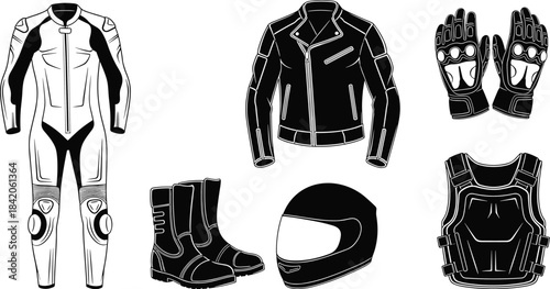 Motorcycle racing protective gear set including suit boots helmet gloves and vest