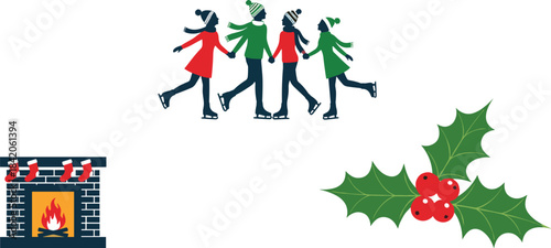 Four people ice skating holding hands near a fireplace and holly winter christmas