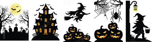 Halloween silhouette illustration, haunted house, graveyard, witch flying, jack-o'-lanterns, spider web, spooky child costume, bats, moon, tree branches
