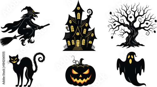 Halloween icons, flying witch, haunted house, spooky tree, black cat, ghost, jack-o'-lantern, glowing eyes, festive silhouettes, eerie design