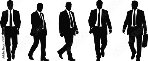 Five black silhouette businessmen in suits and ties with varied poses businessman