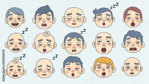 Collection of Sleepy and Tired Faces of Men and Babies.