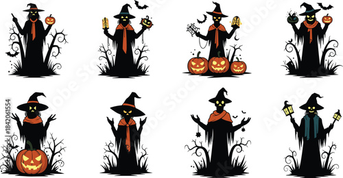 Halloween scarecrow characters, witch hats, glowing eyes, pumpkins, bats, lanterns, spooky trees, candy props, festive costumes, white background