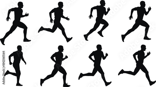 Eight black silhouette male runners in various running poses on white background