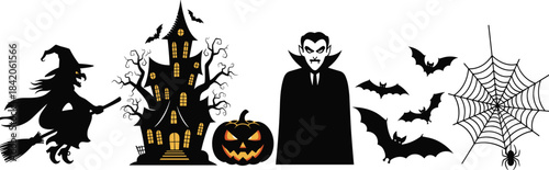 Halloween silhouettes, flying witch, haunted house, jack-o'-lantern, vampire, bats, spider web, glowing eyes, spooky design, festive artwork