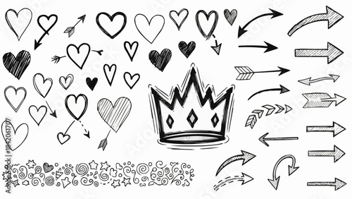 Hand Drawn Doodle Hearts Arrows and Crown Collection.