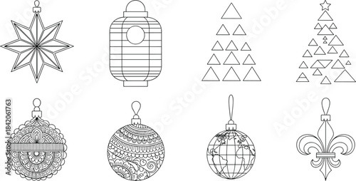 Collection of eight black and white line art holiday ornaments and decorative elements