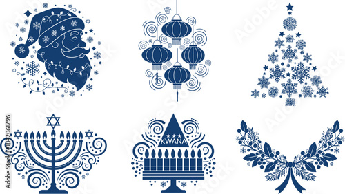 Collection of blue holiday icons including Santa Claus snowflakes Christmas tree menorah lanterns and Kwanzaa
