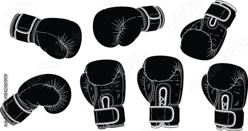 Collection of black boxing gloves in various poses and angles white outline sport