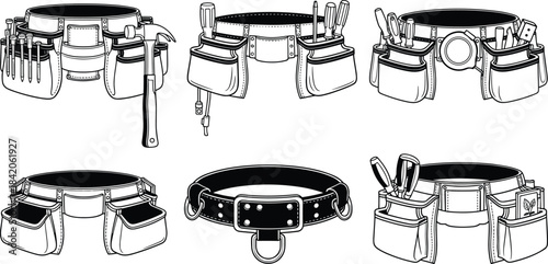 Collection of black and white line art tool belts and a collar with tools work belt