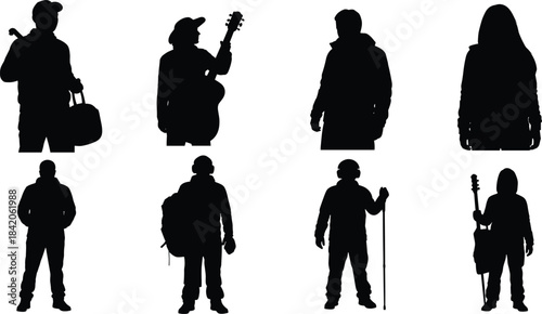 Black silhouettes of people with musical instruments and bags person woman