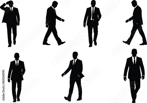 Black silhouettes of men in suits walking and standing in various poses white background