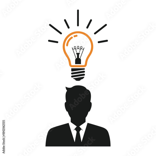 Black silhouette of a person in a suit with an orange light bulb idea above head