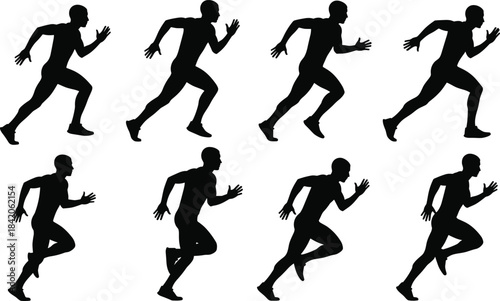 Black silhouette of a male runner in motion across a white background running