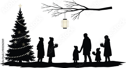 Black silhouette of a family exchanging gifts near a decorated Christmas tree and a lantern