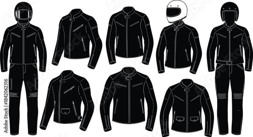 Black motorcycle jackets and pants with white outlines and helmets vector