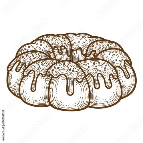 Detailed vintage sketch illustration of delicious sweet brioche pastry with drizzled glaze and sprinkles